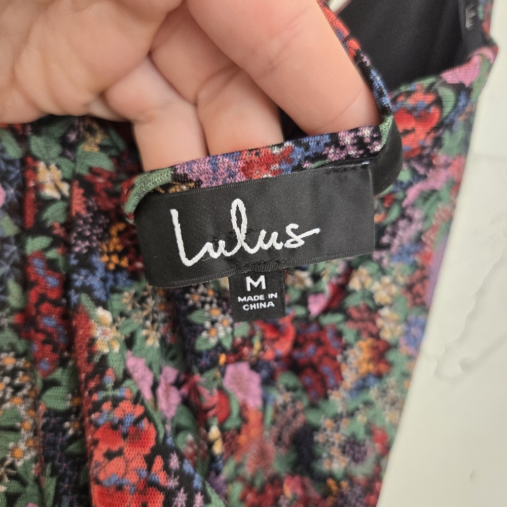 Lulu's Floral Mesh Ruched Green Pink Dress, M - Picture 12 of 14
